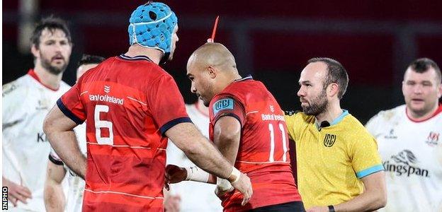 Simon Zebo is shown a red card against Ulster