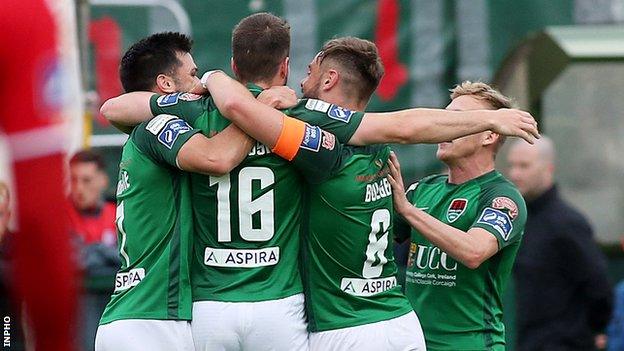 Cork City players congratulate match-winner Gearoid Morrissey