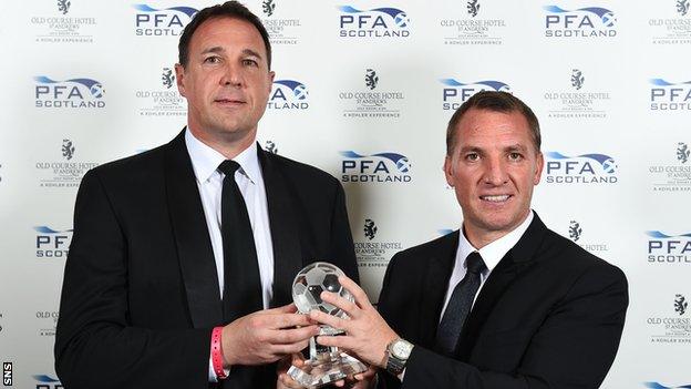 Brendan Rodgers receives the PFA Scotland manager of the year award from Scottish FA performance director Malky Mackay