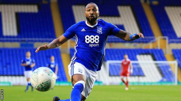 Emilio Nsue controls the ball for Birmingham in an EFL Cup game against Crawley