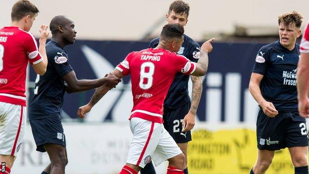 Brechin's Callum Tapping exchanges words with Dundee's Lewis Spence
