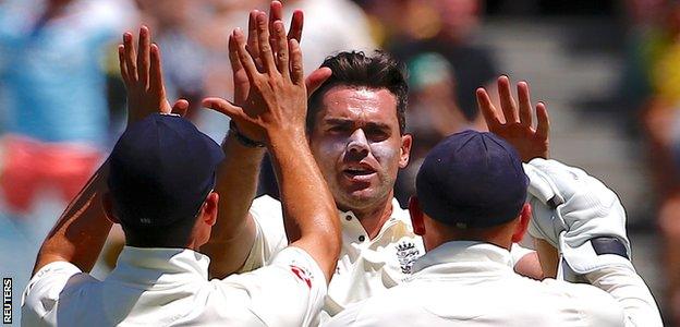 James Anderson celebrates taking his 100th Ashes wicket on the opening day in Melbourne