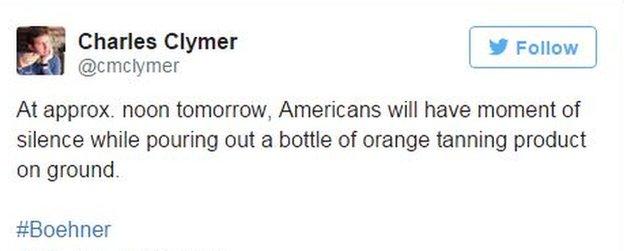 Tweet by @cmclymer: Americans will have a moment of silence while pouring out a bottle of orange tanning product.