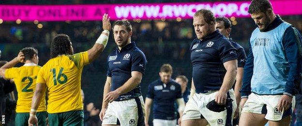 Scotland trio Greig Laidlaw, WP Nel and Ross Ford look crestfallen at the final whistle at Twickenham