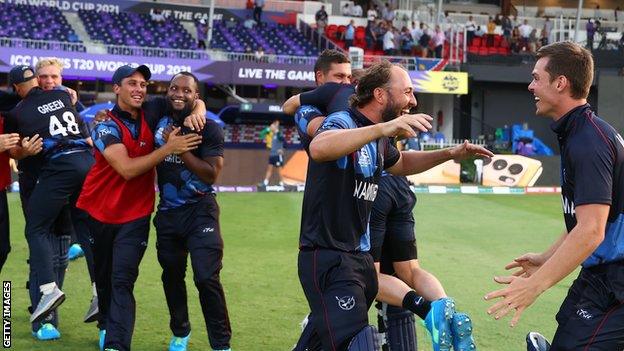 Namibia celebrate beating Ireland at the T20 World Cup