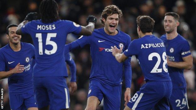 Marcos Alonso celebrates scoring against Southampton