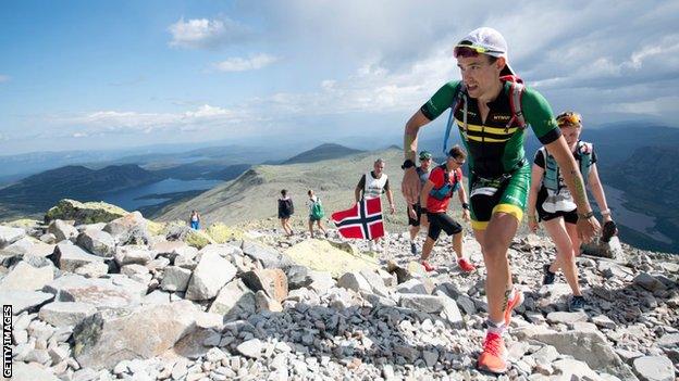 Athletes pictured during the run of the Norseman Xtreme Triathlon