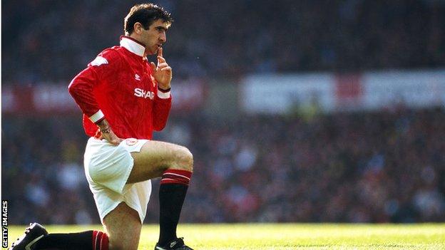 Eric Cantona celebrates scoring for Manchester United