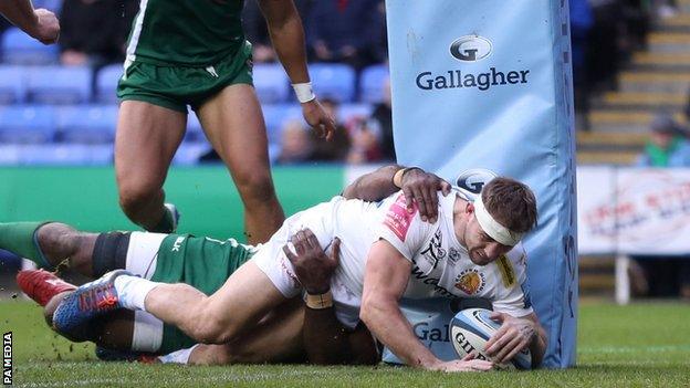 Sam Hill's early try set Exeter on the way to their sixth win in eight Premiership games this season