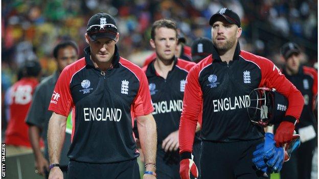 England players look dejected after being knocked out of the 2011 Cricket World Cup