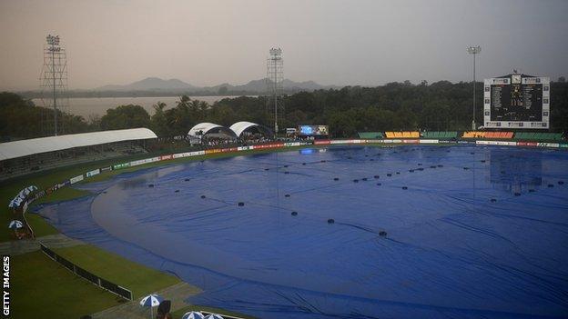 A view of the Rangiri Dambulla International Stadium, with the covers on and rain falling during the abandoned first ODI between Sri Lanka and England