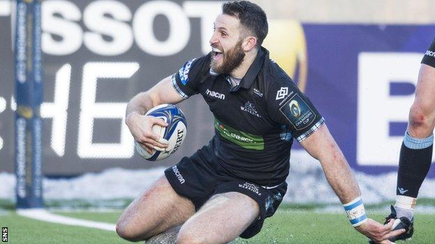 Tommy Seymour celebrates scoring for Glasgow