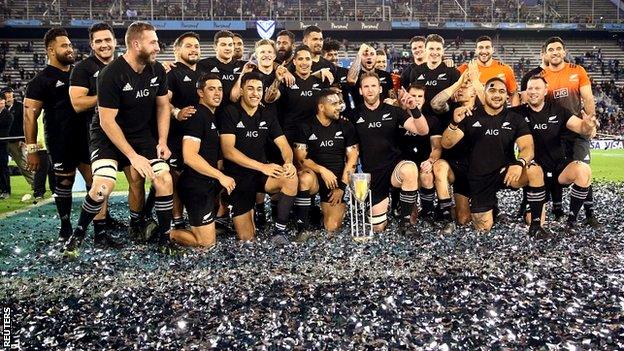 New Zealand celebrate winning the Rugby Championship