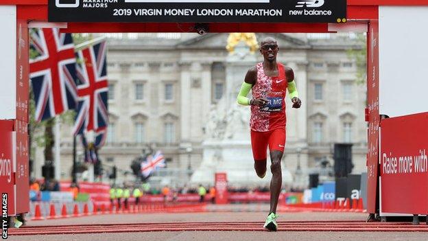 Mo Farah finishing the 2019 London Marathon