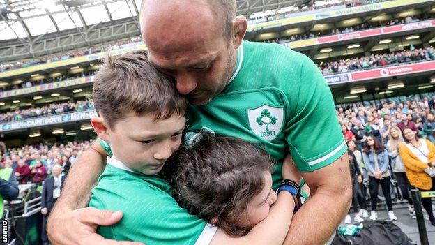 Rory Best embraces his children Ben and Penny after Saturday's game in Dublin