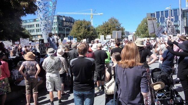 Protesters gathering for a rally in central Christchurch