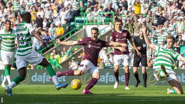 Conor Washington scores in Hearts' 3-1 defeat to Celtic