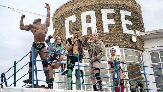 NXT UK wrestlers Levi Muir, Dani Luna, Eddie Dennis, Sam Gradwell and Meiko Satomura at Enfield Town