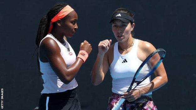 Coco Gauff and Jessica Pegula celebrate a point during their Australian Open doubles win on Monday