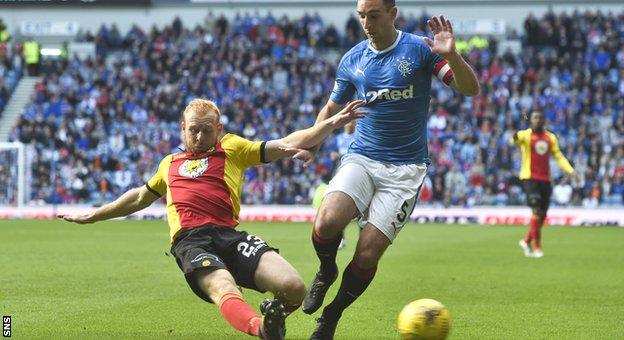 Ziggy Gordon slides in on Rangers left-back Lee Wallace