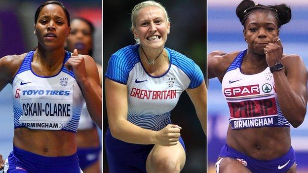 A split picture of Shelayna Oskan-Clarke, Holly Bradshaw and Asha Philip