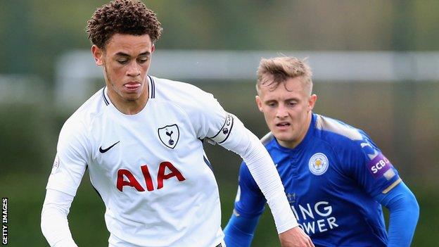 Luke Amos (left) in action for Tottenham's Under-23s against Leicester in October