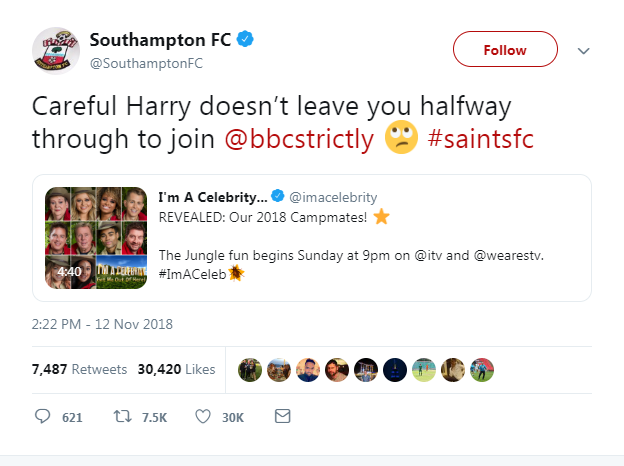 Southampton's tweet about Harry Redknapp, which says: "Careful Harry doesn't leave you halfway through to join Strictly Come Dancing"