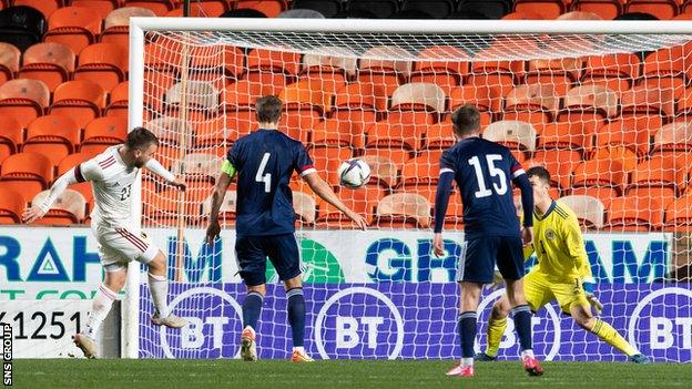 Belgium's Nicolas Raskin makes it 2-0 during a Under-21 Championship qualifying match between Scotland and Belgium