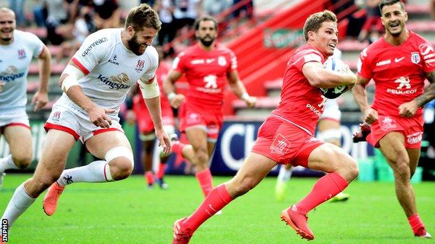 Toulouse's Antoine Dupont runs in a try in his side's 36-8 European Champions Cup quarter-final win over Ulster on Sunday