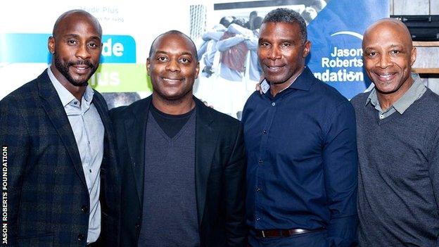 Jason Roberts with his three uncles, including Cyrille, last week