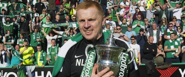 Hibernian manager Neil Lennon with the Championship trophy