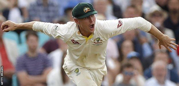 Australia batsman Marnus Labuschagne celebrates after taking a catch against England in the final Ashes Test at The Oval