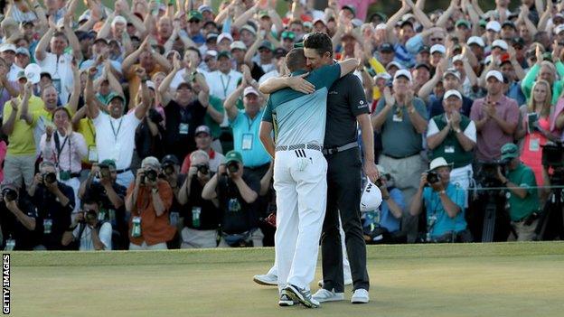 Justin Rose embraces Sergio Garcia after losing a play-off to the Spaniard at the 2017 Masters