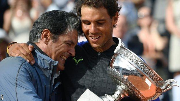 Toni Nadal (left) was asked to take part in the trophy ceremony