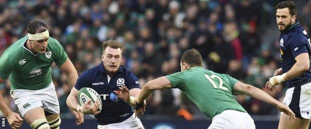 Stuart Hogg playing for Scotland against Ireland