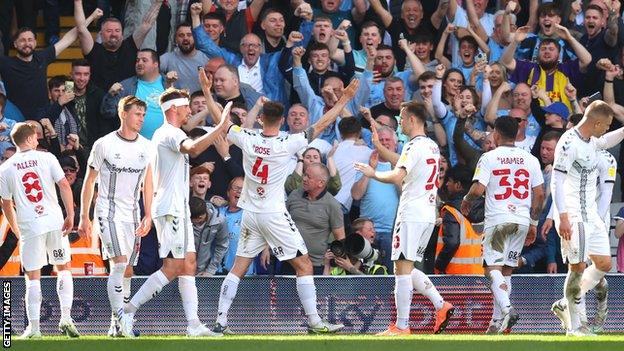 Coventry City celebrate going 3-2 up against Birmingham