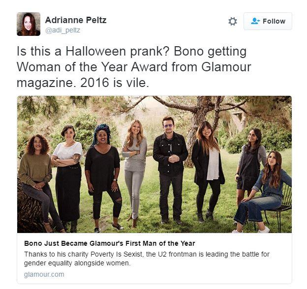 Tweet about Bono getting Woman of the Year - Adrianne Petz asks 'is this a Halloween prank?'