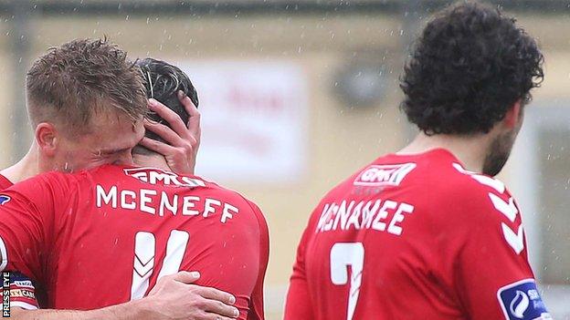 Derry celebrate Lukas Schubert's opening goal for Derry City