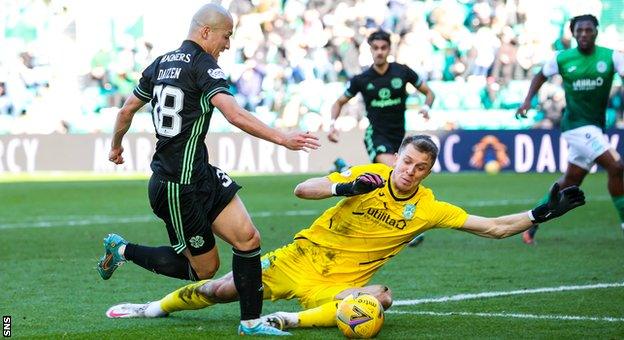 Hibs goalkeeper Matt Macey makes a save to deny Daizen Maeda