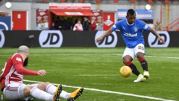 Rangers striker Alfredo Morelos scores against Hamilton