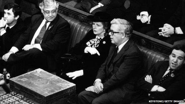 Margaret Thatcher with her handbag on her lap in the House of Commons