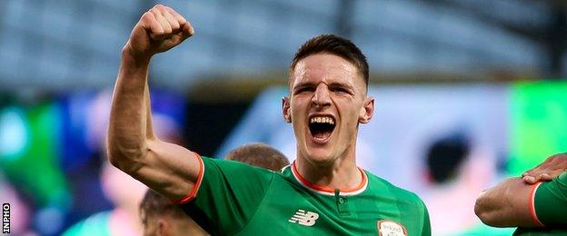 Declan Rice celebrates after a Republic goal in the friendly win over the USA in June