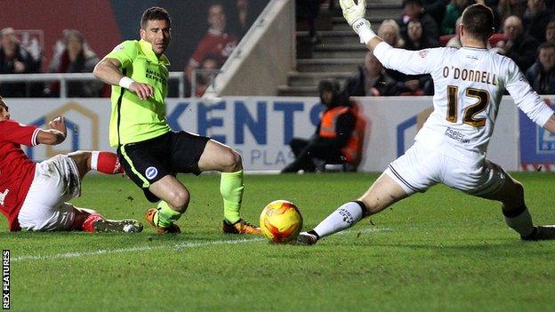 Tomer Hemed scores Brighton's third goal against Bristol City