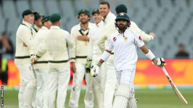 Josh Hazlewood of Australia celebrates with his team-mates after taking the wicket of Muhammad Rizwan of Pakistan during day four of the Second Test match in the series between Australia and Pakistan in 2019