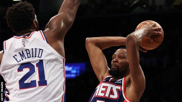 Kevin Durant of the Brooklyn Nets shoots during the NBA win against the Philadelphia 76ers