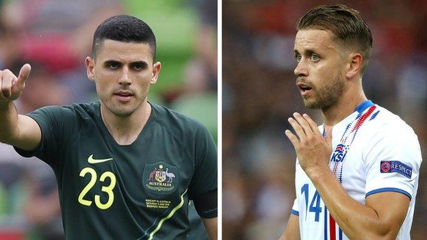 Australia's Tom Rogic and Iceland's Kari Arnason