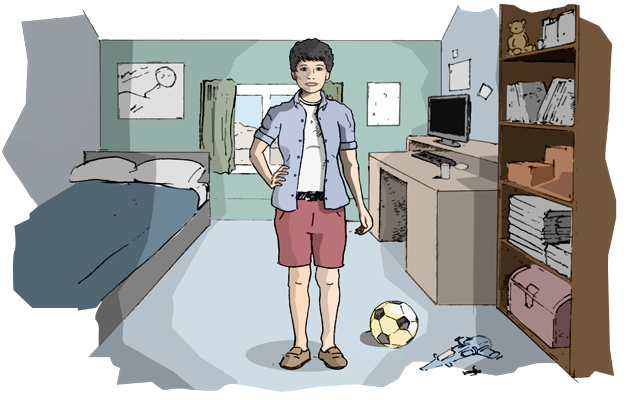 Illustration of a non-binary child in a typical kids' bedroom