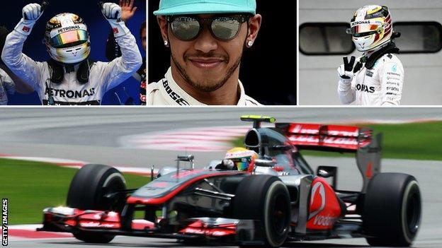 Lewis Hamilton celebrating poles in 2012 (bottom), 2014 (left), 2015 (centre) and 2016 (right)