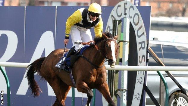 Win My Wings, ridden by jockey Robert James, wins the Scottish Grand National