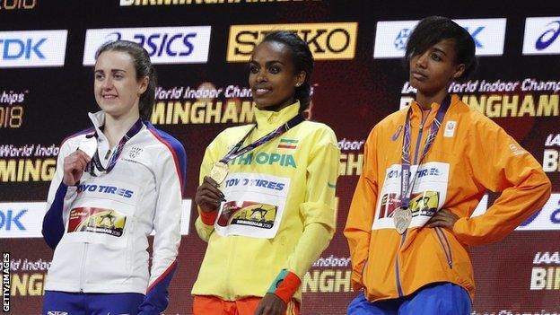 (Left to right) Laura Muir, Genzebe Dibaba and Sifan Hassan on the podium following the 3,000m final at the World Indoor Athletics Championships